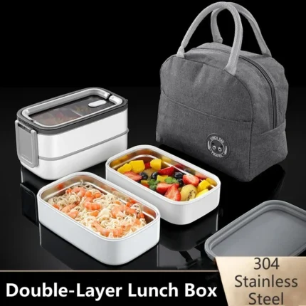 2 Layers Lunch Box with Lunch Bag 304 Stainless Steel for Adults Kids School Office Microwavable Portable Bento Food Containers